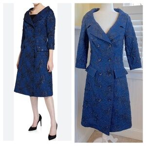 Rickie Freeman Teri Jon Blue & Black Jacquard Double Breasted Coat Dress Size 4